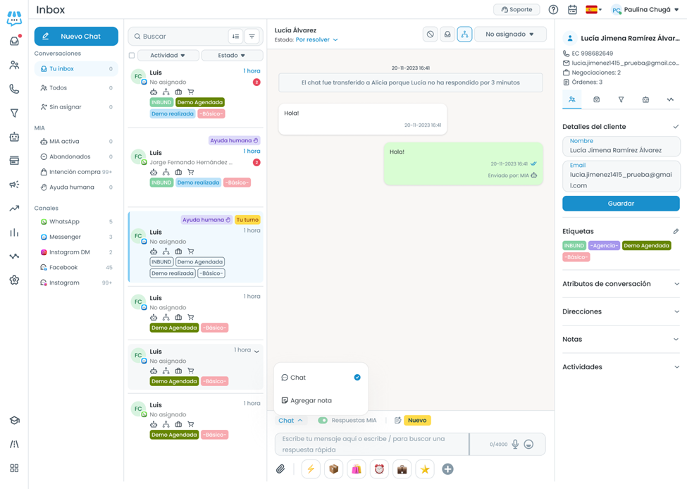 Inbox compartido de Mercately con conversaciones de WhatsApp